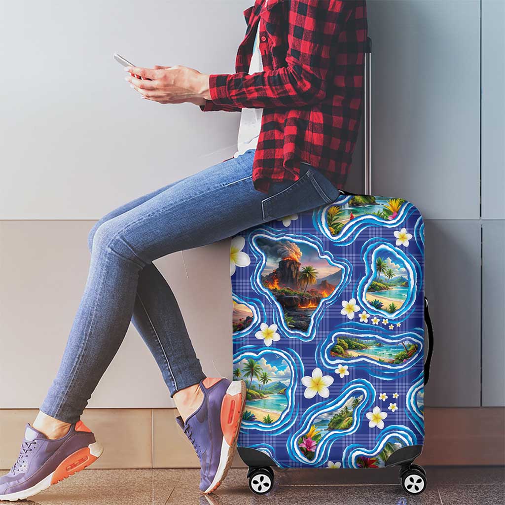 Hawaiian Island Shapes-Iconic Landscape Luggage Cover with Plumeria and Palaka Blue Color LT03 - Polynesian Pride