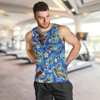 Hawaiian Island Shapes-Iconic Landscape Men Tank Top with Plumeria and Palaka Blue Color LT03 Blue - Polynesian Pride