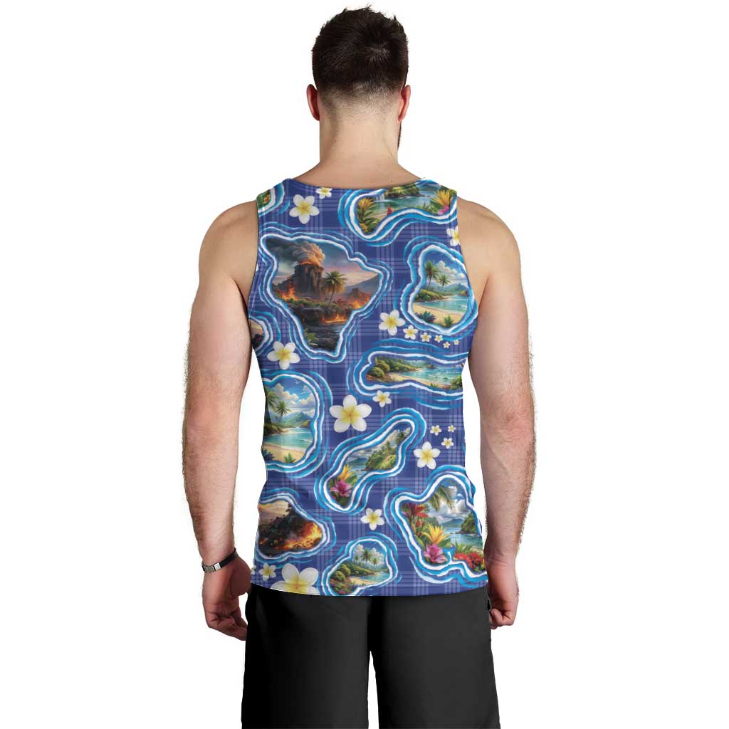 Hawaiian Island Shapes-Iconic Landscape Men Tank Top with Plumeria and Palaka Blue Color LT03 - Polynesian Pride