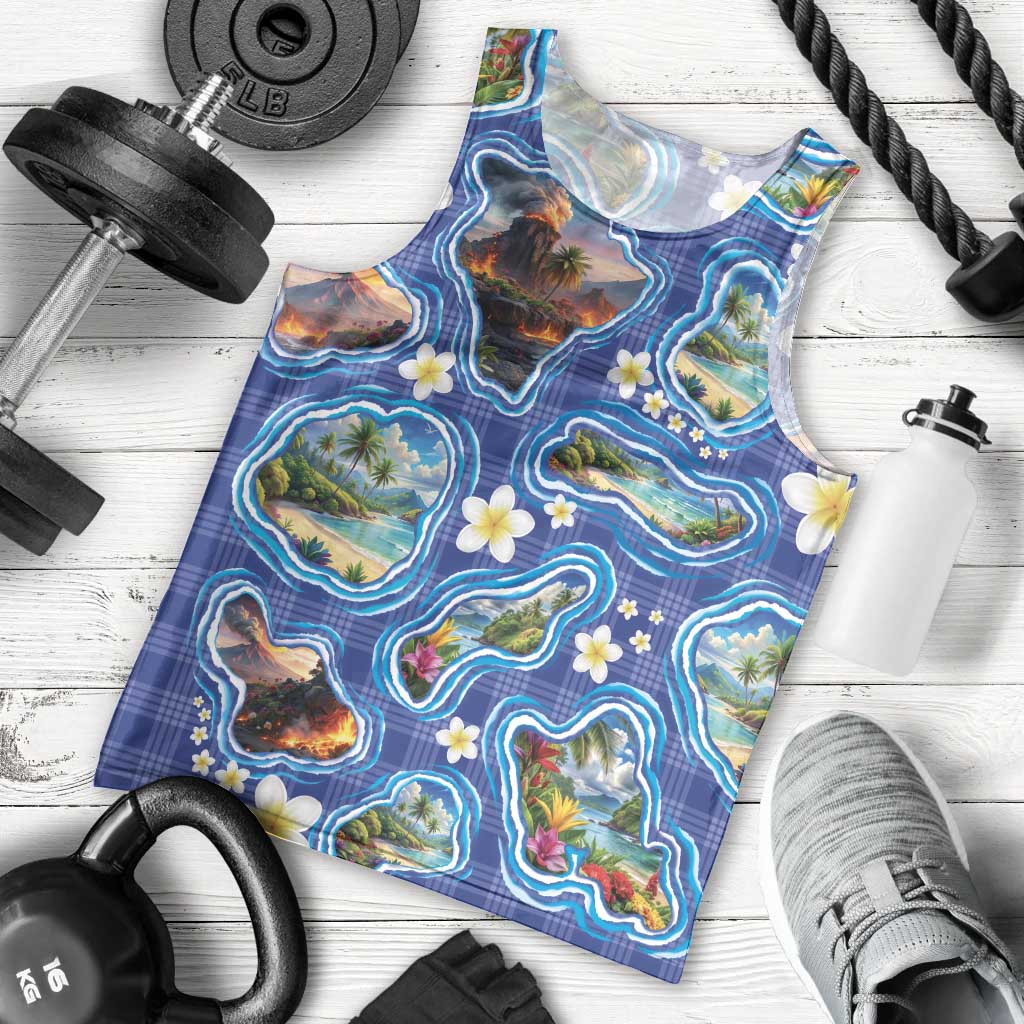 Hawaiian Island Shapes-Iconic Landscape Men Tank Top with Plumeria and Palaka Blue Color LT03 - Polynesian Pride