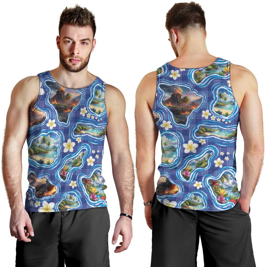Hawaiian Island Shapes-Iconic Landscape Men Tank Top with Plumeria and Palaka Blue Color LT03 - Polynesian Pride