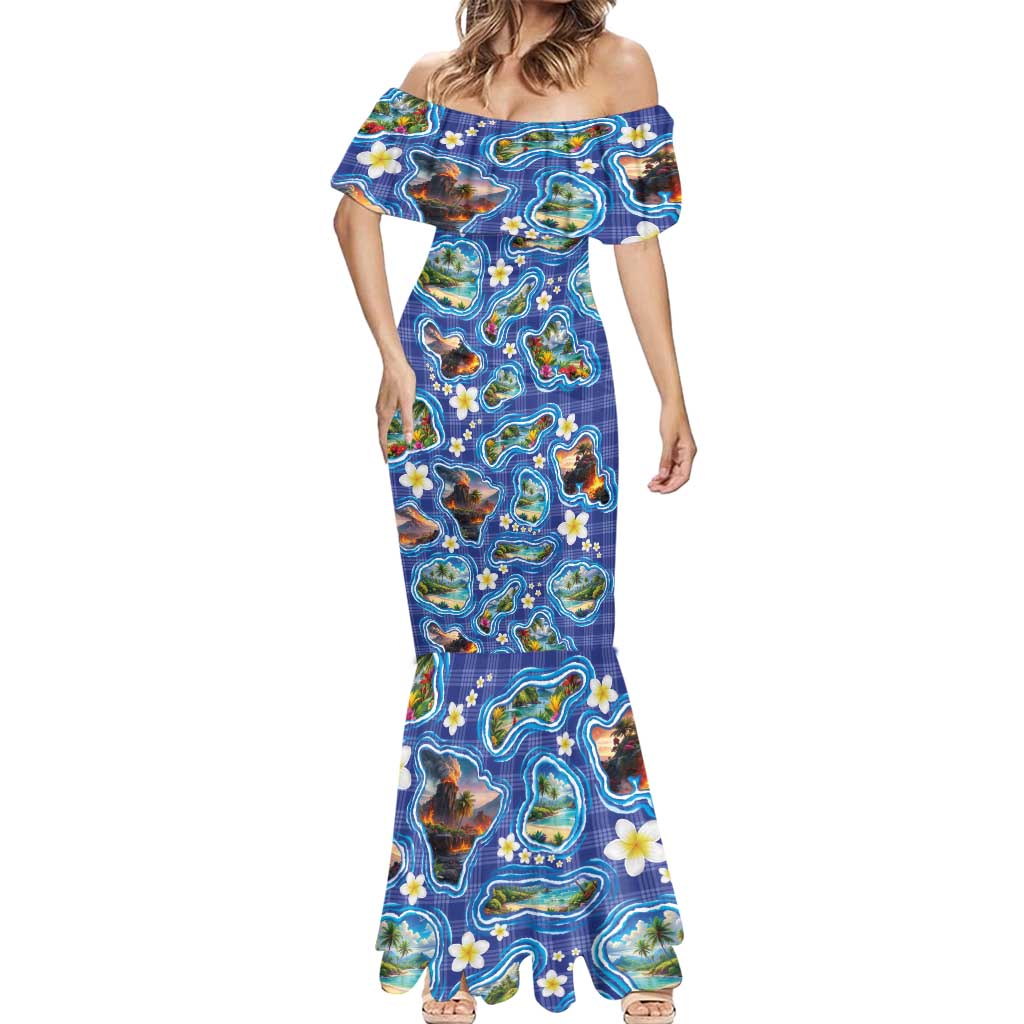 Hawaiian Island Shapes-Iconic Landscape Mermaid Dress with Plumeria and Palaka Blue Color LT03 - Polynesian Pride