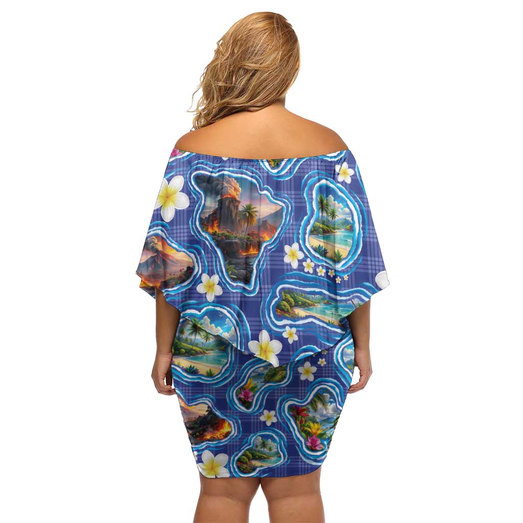 Hawaiian Island Shapes-Iconic Landscape Off Shoulder Short Dress with Plumeria and Palaka Blue Color LT03 - Polynesian Pride