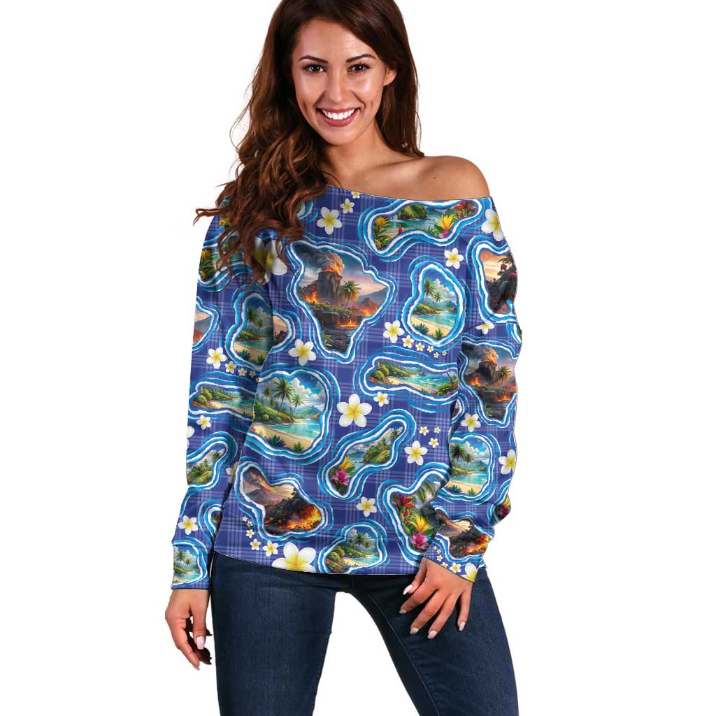Hawaiian Island Shapes-Iconic Landscape Off Shoulder Sweater with Plumeria and Palaka Blue Color LT03 Women Blue - Polynesian Pride