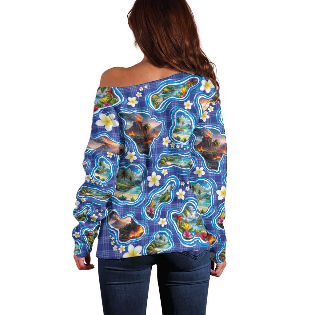 Hawaiian Island Shapes-Iconic Landscape Off Shoulder Sweater with Plumeria and Palaka Blue Color LT03 - Polynesian Pride