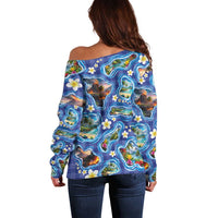 Hawaiian Island Shapes-Iconic Landscape Off Shoulder Sweater with Plumeria and Palaka Blue Color LT03 - Polynesian Pride