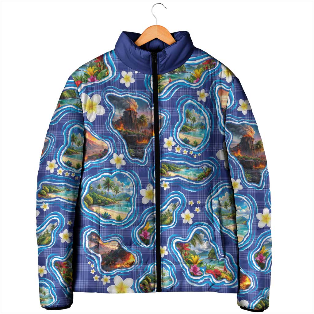 Hawaiian Island Shapes-Iconic Landscape Padded Jacket with Plumeria and Palaka Blue Color