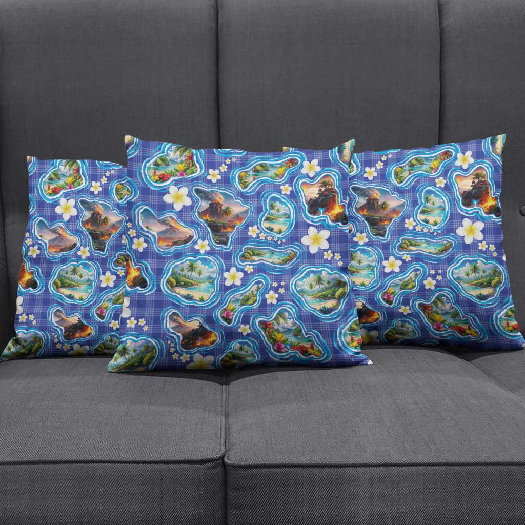 Hawaiian Island Shapes-Iconic Landscape Pillow Cover with Plumeria and Palaka Blue Color LT03 - Polynesian Pride
