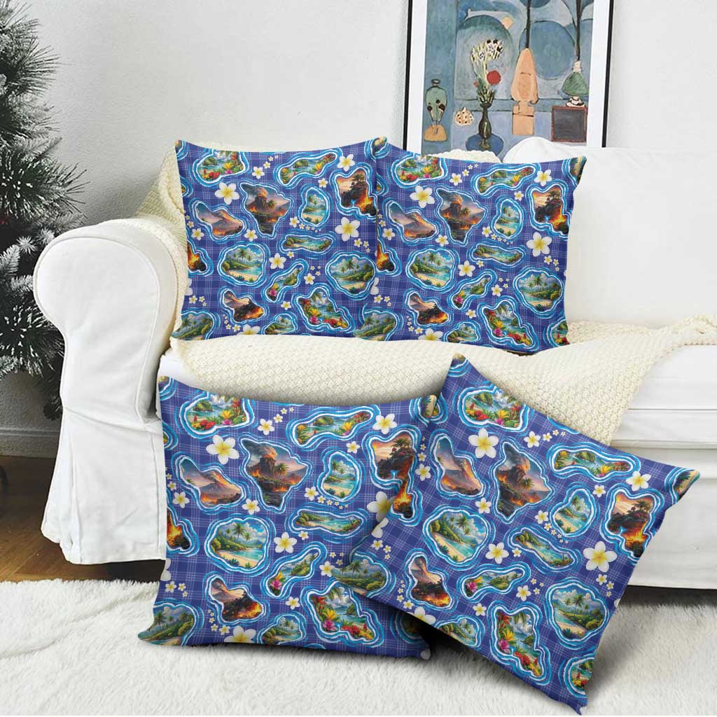 Hawaiian Island Shapes-Iconic Landscape Pillow Cover with Plumeria and Palaka Blue Color LT03 - Polynesian Pride