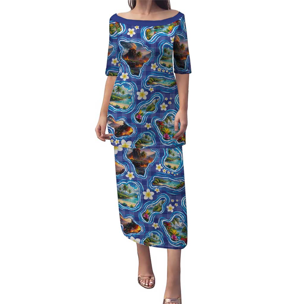 Hawaiian Island Shapes-Iconic Landscape Puletasi with Plumeria and Palaka Blue Color