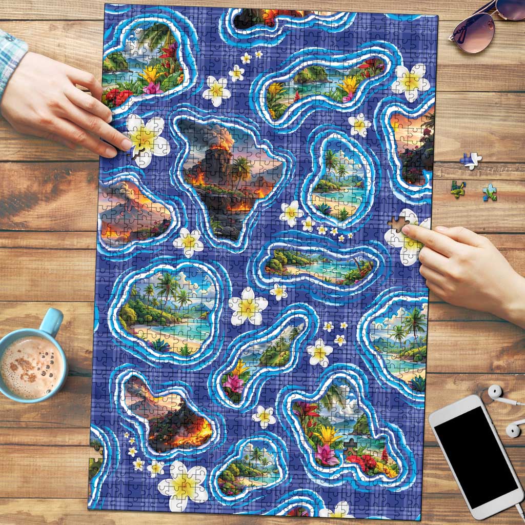 Hawaiian Island Shapes-Iconic Landscape Puzzle with Plumeria and Palaka Blue Color