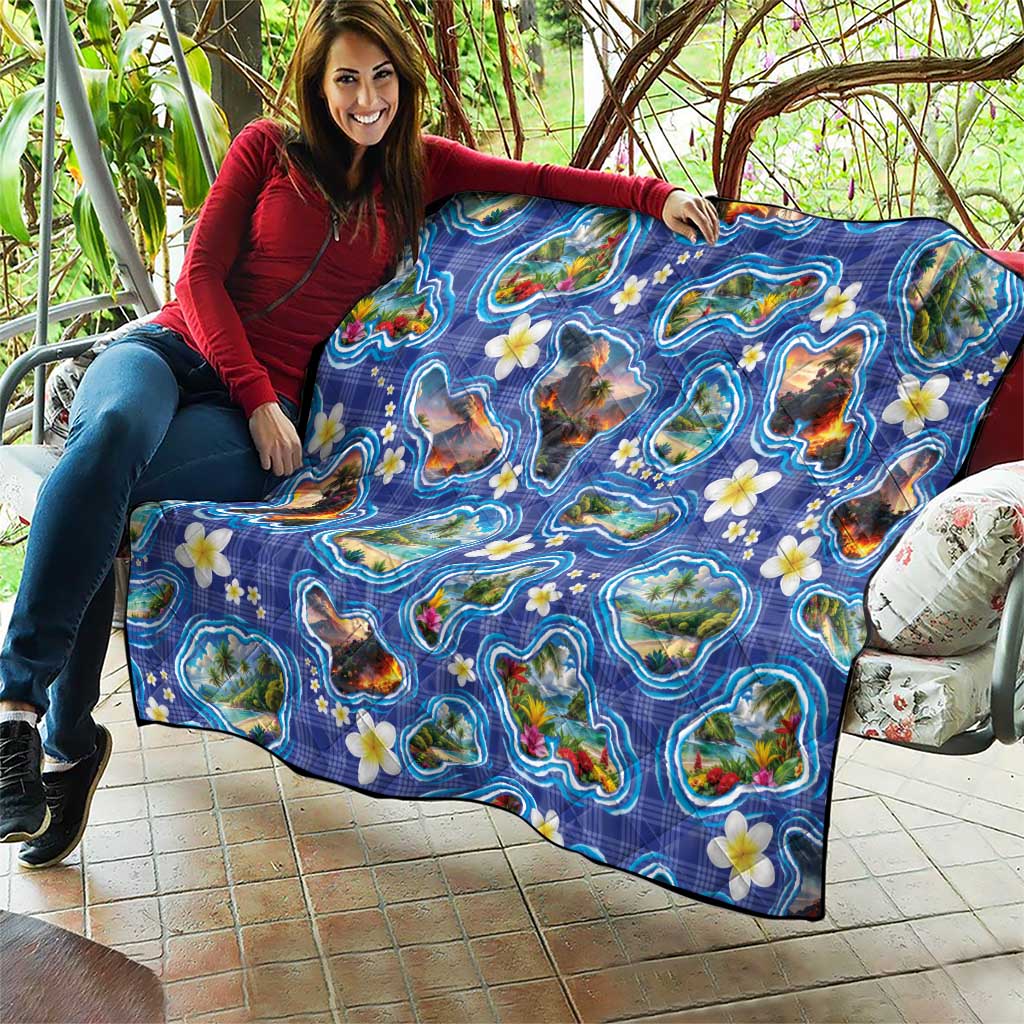 Hawaiian Island Shapes-Iconic Landscape Quilt with Plumeria and Palaka Blue Color LT03 - Polynesian Pride