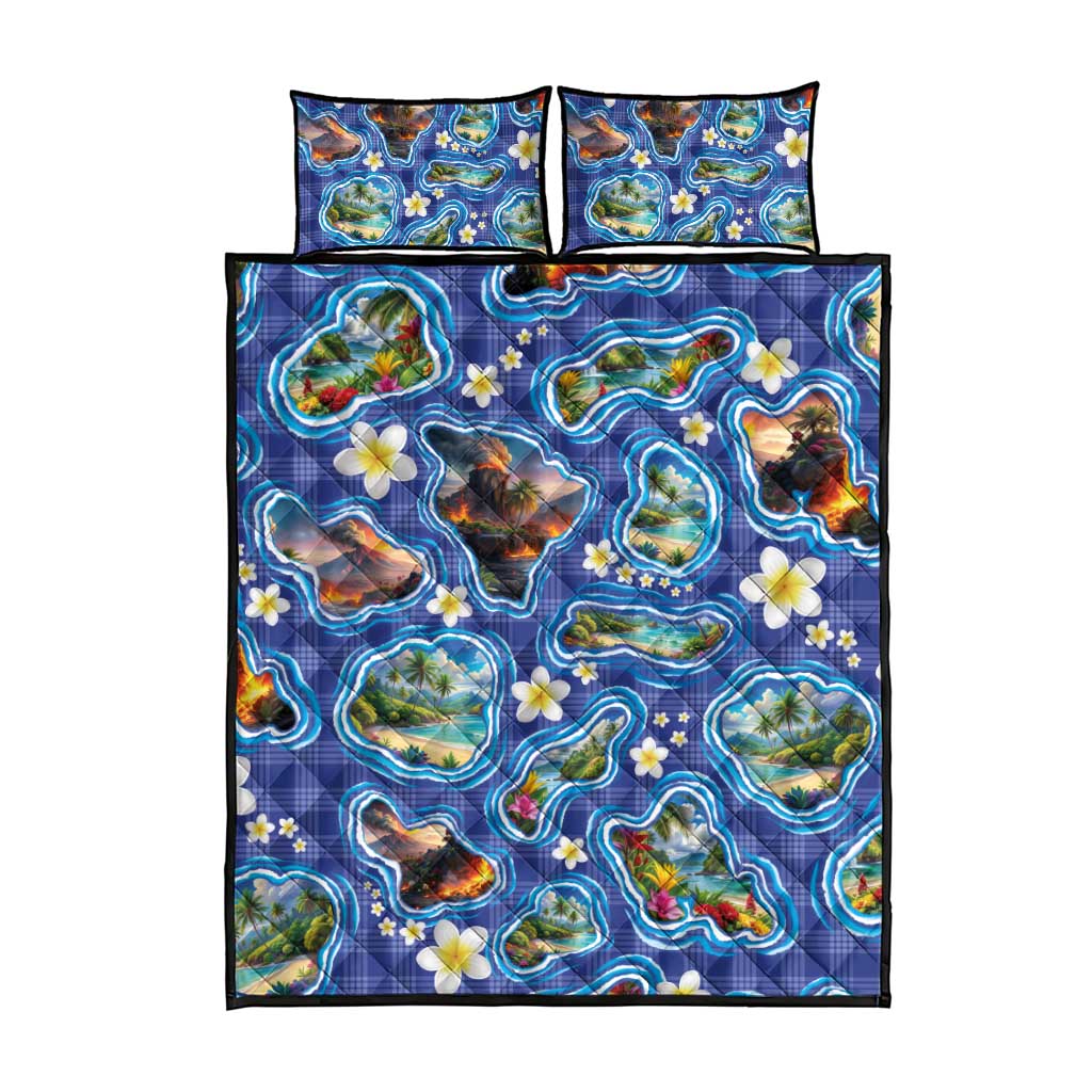 Hawaiian Island Shapes-Iconic Landscape Quilt Bed Set with Plumeria and Palaka Blue Color LT03 - Polynesian Pride