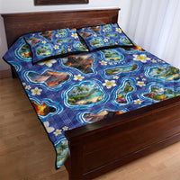 Hawaiian Island Shapes-Iconic Landscape Quilt Bed Set with Plumeria and Palaka Blue Color LT03 - Polynesian Pride