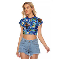 Hawaiian Island Shapes-Iconic Landscape Raglan Cropped T Shirt with Plumeria and Palaka Blue Color LT03 Female Blue - Polynesian Pride