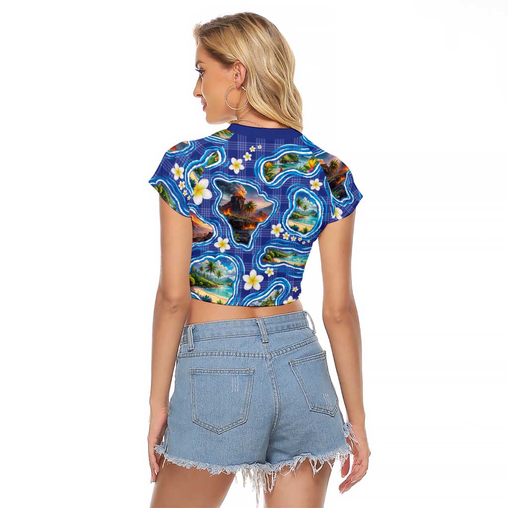Hawaiian Island Shapes-Iconic Landscape Raglan Cropped T Shirt with Plumeria and Palaka Blue Color LT03 - Polynesian Pride