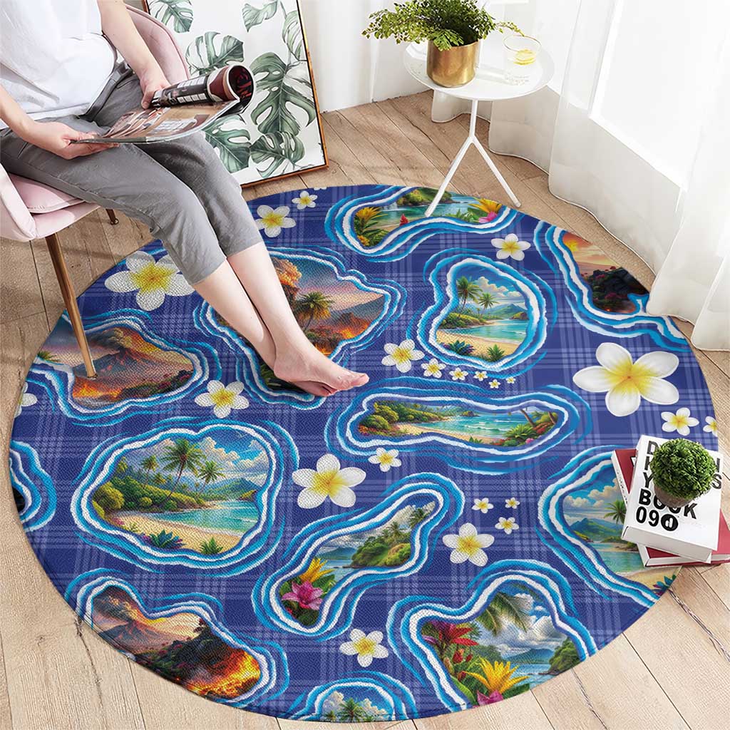 Hawaiian Island Shapes-Iconic Landscape Round Carpet with Plumeria and Palaka Blue Color LT03 - Polynesian Pride