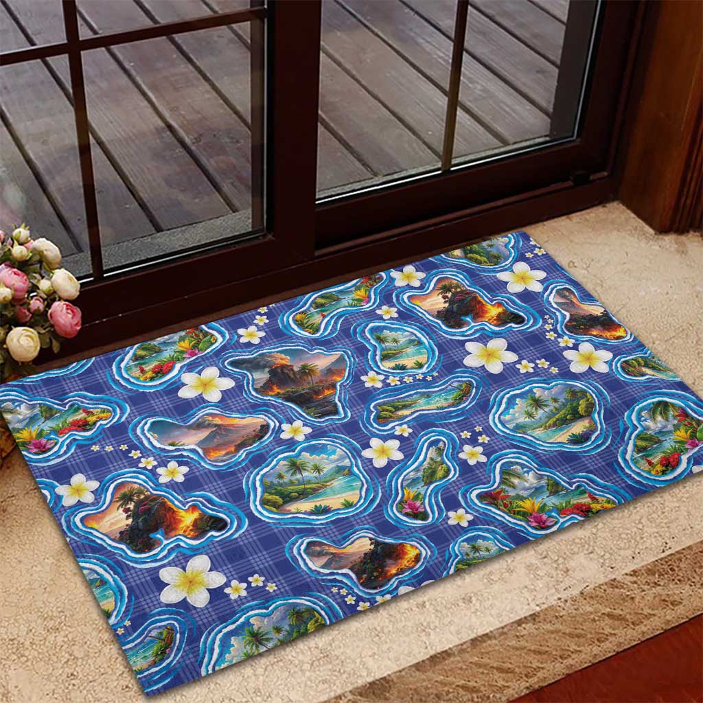 Hawaiian Island Shapes-Iconic Landscape Rubber Doormat with Plumeria and Palaka Blue Color LT03 - Polynesian Pride