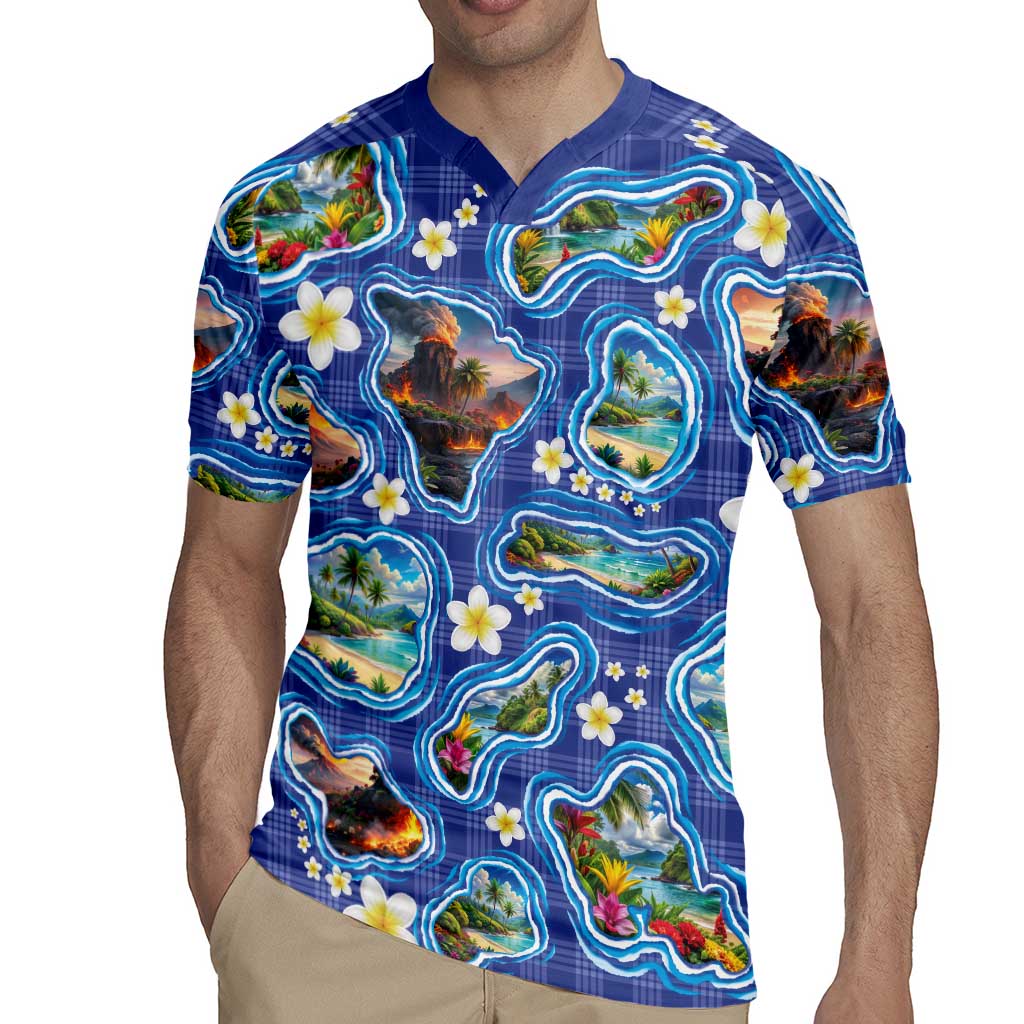 Hawaiian Island Shapes-Iconic Landscape Rugby Jersey with Plumeria and Palaka Blue Color LT03 - Polynesian Pride