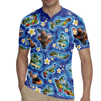 Hawaiian Island Shapes-Iconic Landscape Rugby Jersey with Plumeria and Palaka Blue Color LT03 - Polynesian Pride