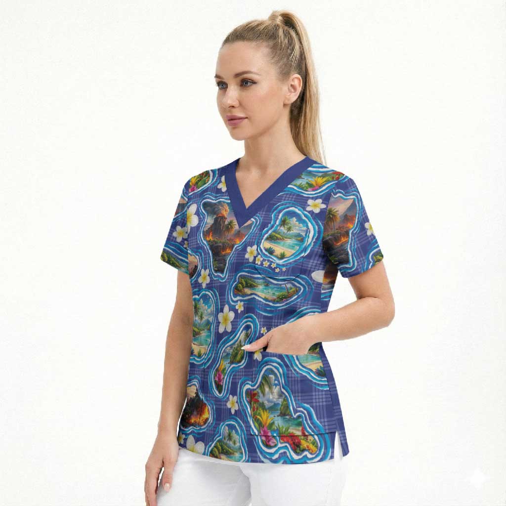 Hawaiian Island Shapes-Iconic Landscape Scrub Top with Plumeria and Palaka Blue Color
