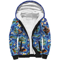 Hawaiian Island Shapes-Iconic Landscape Sherpa Hoodie with Plumeria and Palaka Blue Color LT03 Unisex Blue - Polynesian Pride