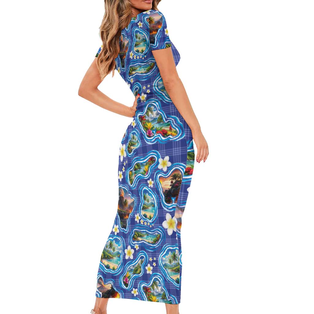 Hawaiian Island Shapes-Iconic Landscape Short Sleeve Bodycon Dress with Plumeria and Palaka Blue Color LT03 - Polynesian Pride
