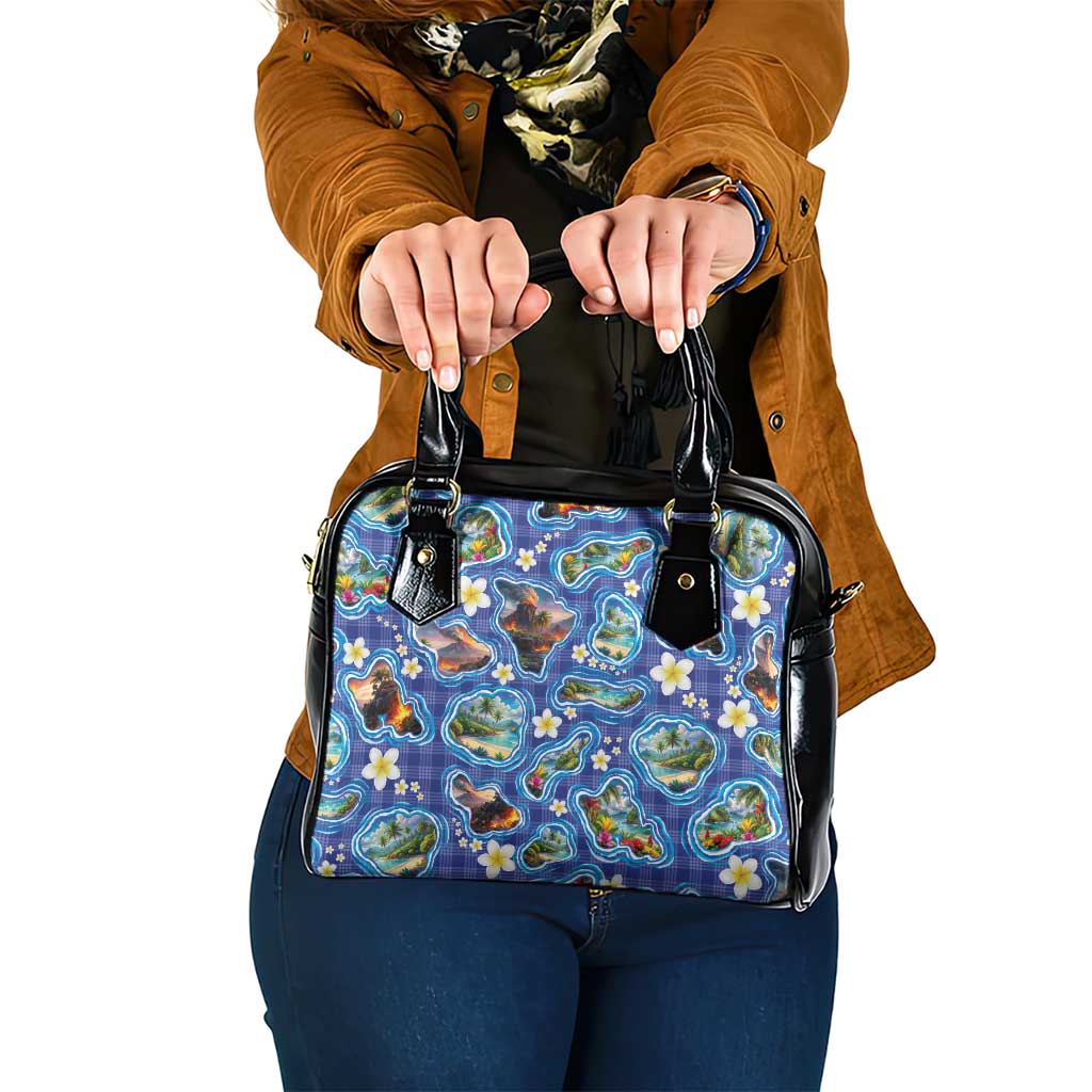 Hawaiian Island Shapes-Iconic Landscape Shoulder Handbag with Plumeria and Palaka Blue Color LT03 One Size Blue - Polynesian Pride