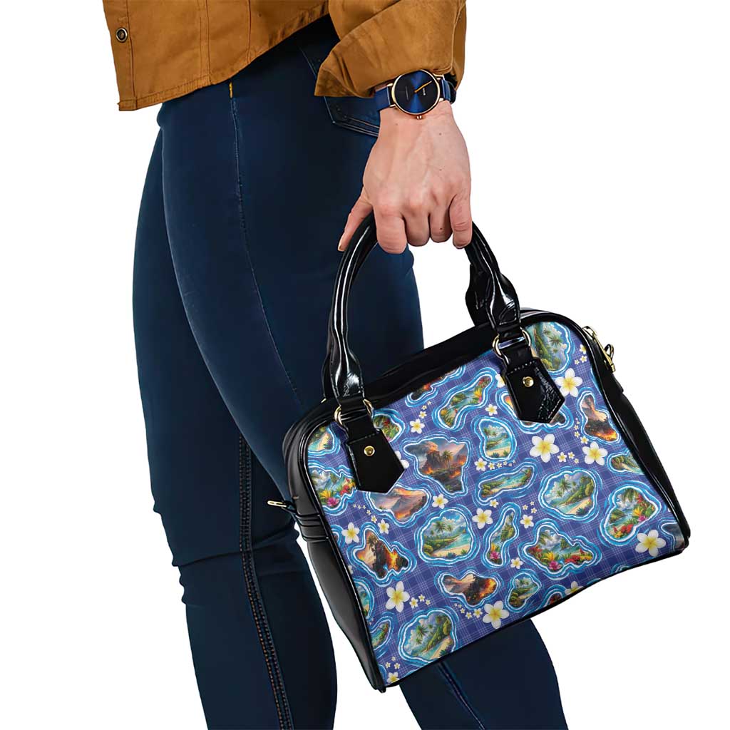 Hawaiian Island Shapes-Iconic Landscape Shoulder Handbag with Plumeria and Palaka Blue Color LT03 - Polynesian Pride