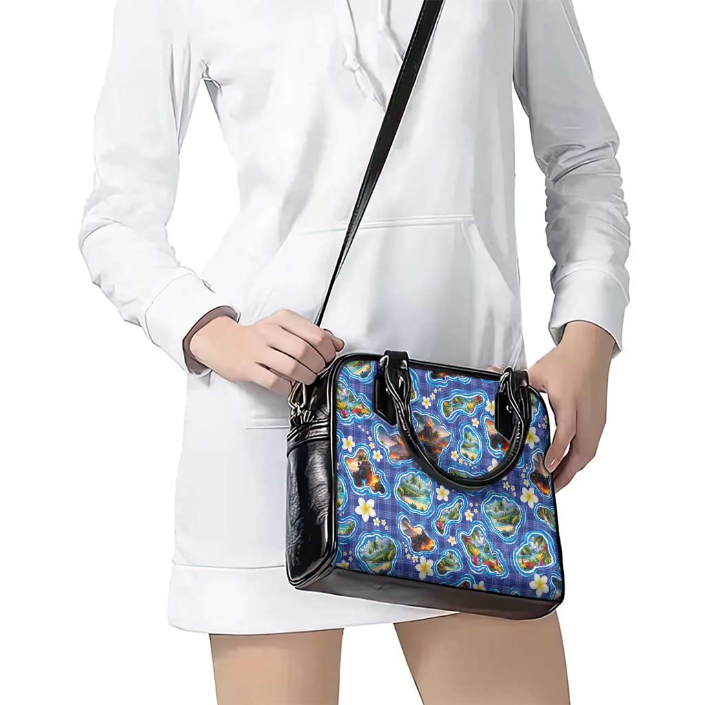 Hawaiian Island Shapes-Iconic Landscape Shoulder Handbag with Plumeria and Palaka Blue Color LT03 - Polynesian Pride