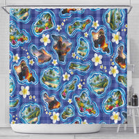Hawaiian Island Shapes-Iconic Landscape Shower Curtain with Plumeria and Palaka Blue Color LT03 - Polynesian Pride