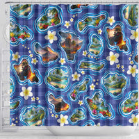 Hawaiian Island Shapes-Iconic Landscape Shower Curtain with Plumeria and Palaka Blue Color LT03 - Polynesian Pride