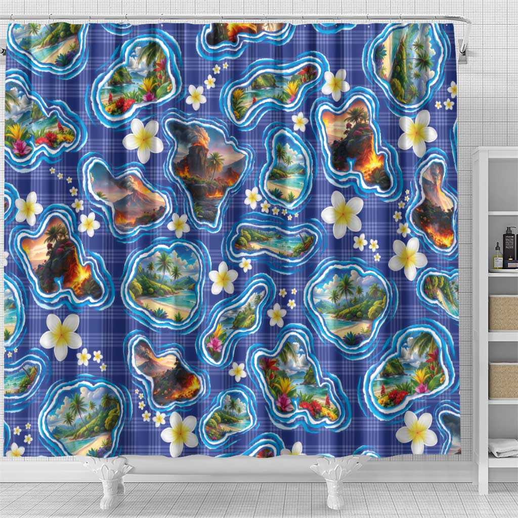 Hawaiian Island Shapes-Iconic Landscape Shower Curtain with Plumeria and Palaka Blue Color LT03 - Polynesian Pride