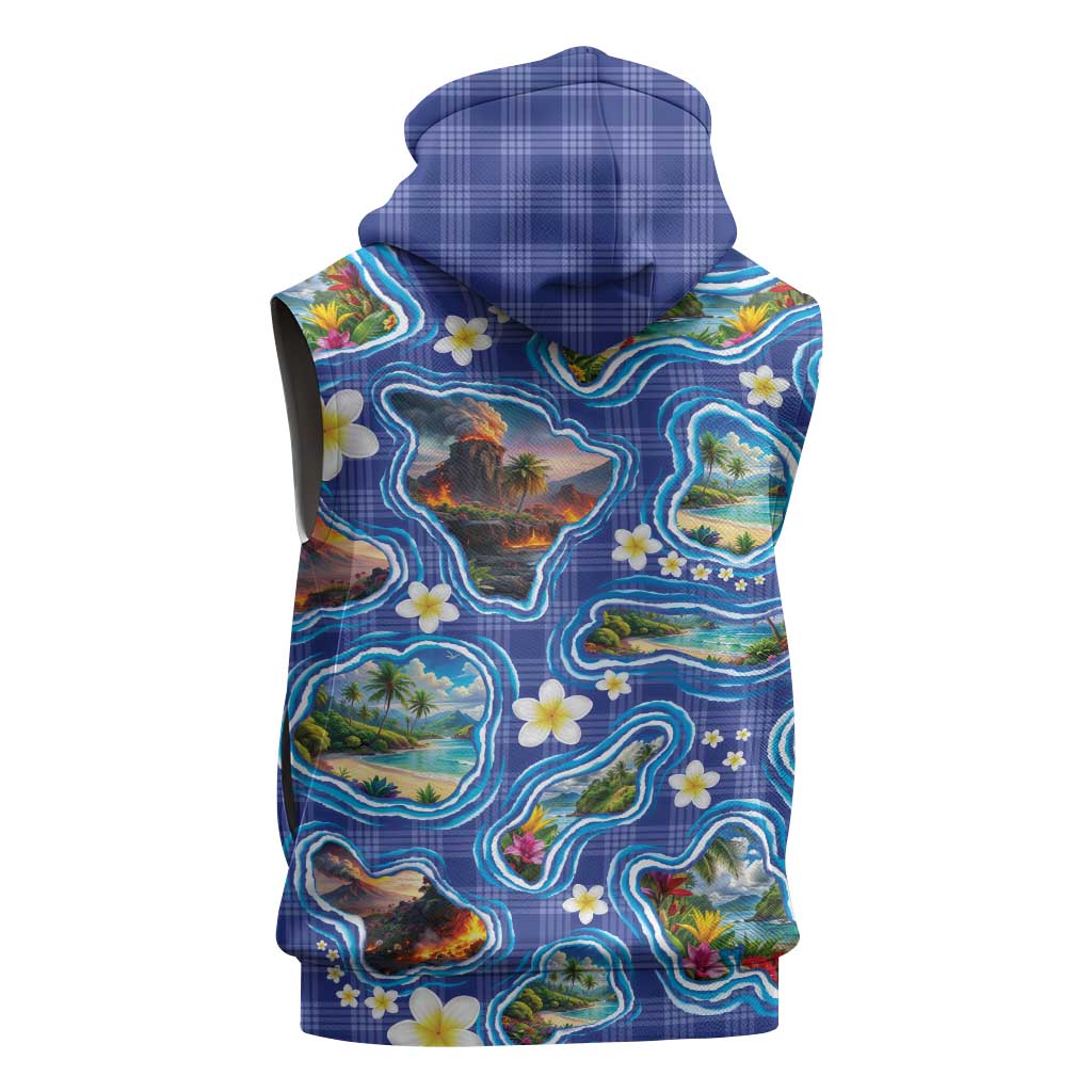 Hawaiian Island Shapes-Iconic Landscape Sleeveless Hoodie with Plumeria and Palaka Blue Color LT03 - Polynesian Pride