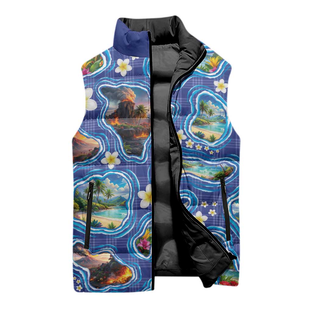 Hawaiian Island Shapes-Iconic Landscape Sleeveless Puffer Jacket with Plumeria and Palaka Blue Color LT03 - Polynesian Pride