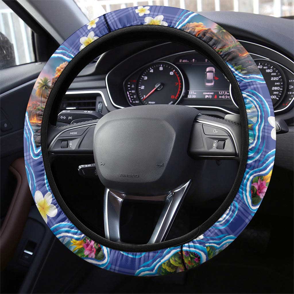 Hawaiian Island Shapes-Iconic Landscape Steering Wheel Cover with Plumeria and Palaka Blue Color LT03 - Polynesian Pride