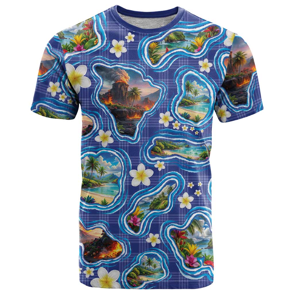 Hawaiian Island Shapes-Iconic Landscape T Shirt with Plumeria and Palaka Blue Color