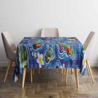 Hawaiian Island Shapes-Iconic Landscape Tablecloth with Plumeria and Palaka Blue Color