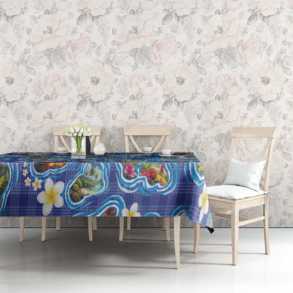 Hawaiian Island Shapes-Iconic Landscape Tablecloth with Plumeria and Palaka Blue Color