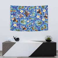 Hawaiian Island Shapes-Iconic Landscape Tapestry with Plumeria and Palaka Blue Color