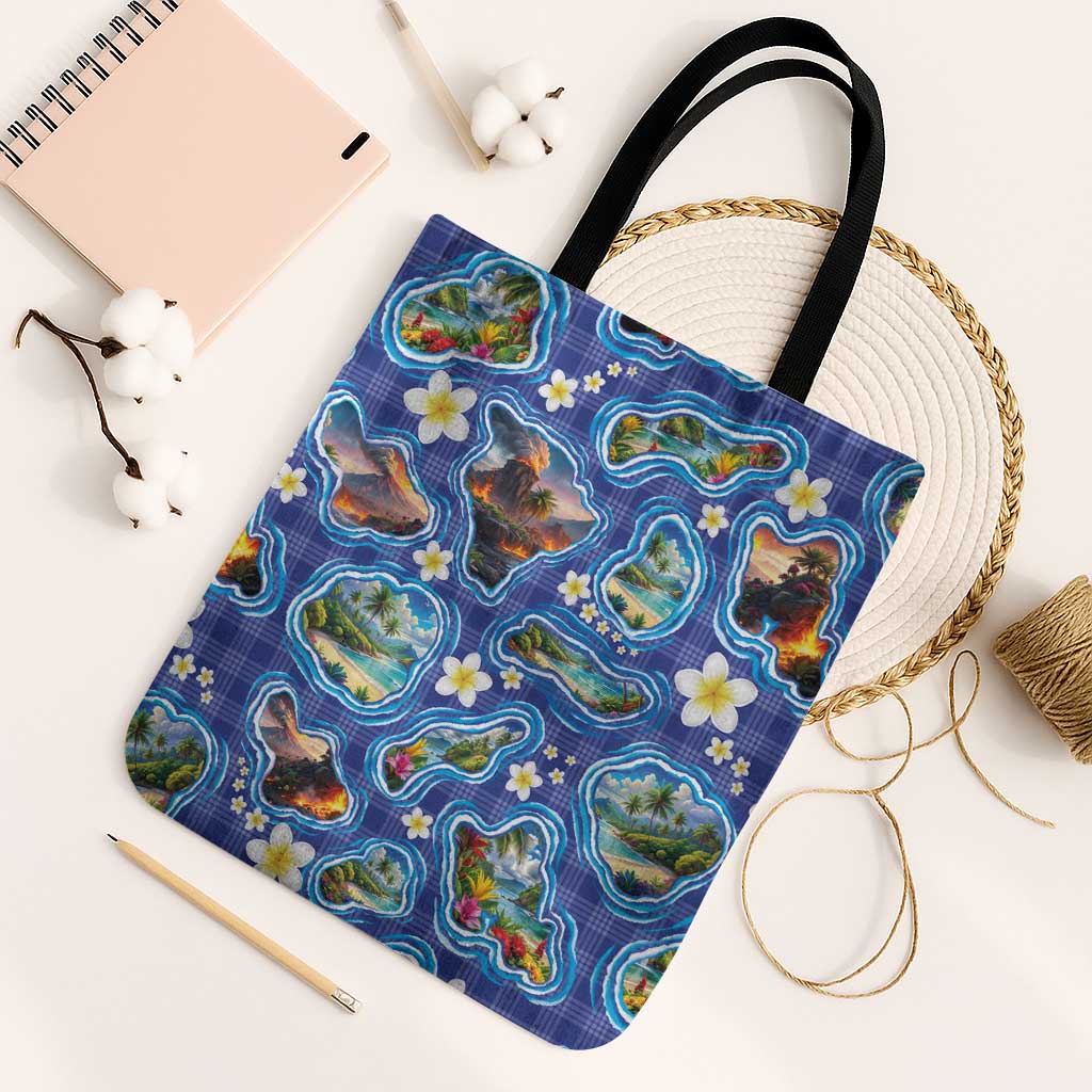 Hawaiian Island Shapes-Iconic Landscape Tote Bag with Plumeria and Palaka Blue Color LT03 Black Strap One Size Blue - Polynesian Pride