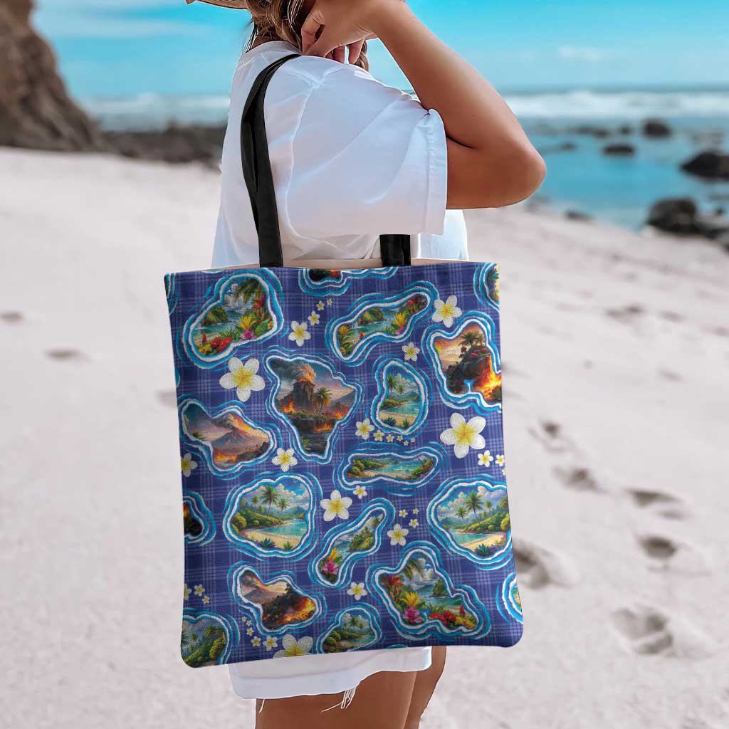 Hawaiian Island Shapes-Iconic Landscape Tote Bag with Plumeria and Palaka Blue Color LT03 - Polynesian Pride