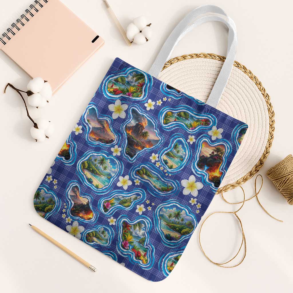 Hawaiian Island Shapes-Iconic Landscape Tote Bag with Plumeria and Palaka Blue Color LT03 White Strap One Size Blue - Polynesian Pride