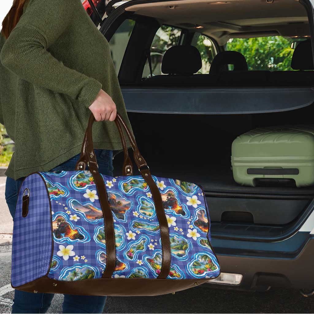 Hawaiian Island Shapes-Iconic Landscape Travel Bag with Plumeria and Palaka Blue Color LT03 - Polynesian Pride
