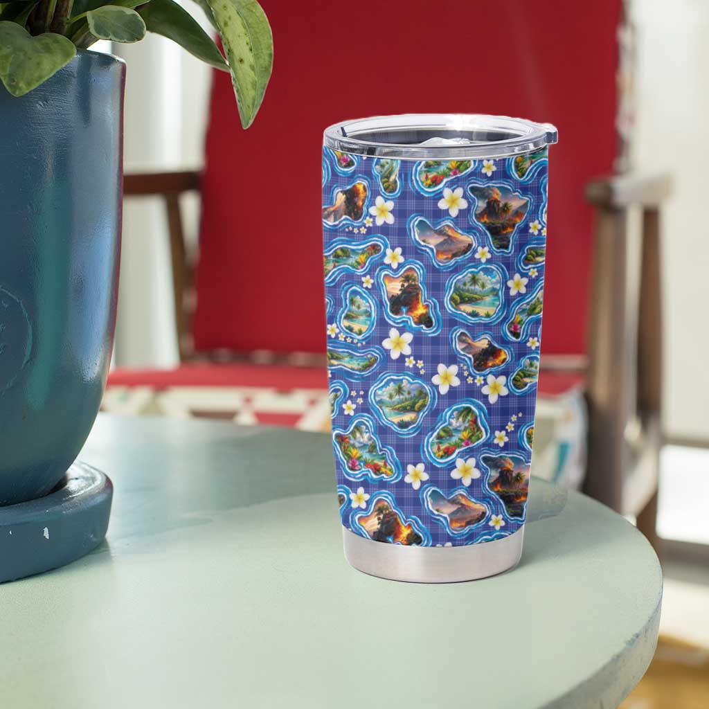 Hawaiian Island Shapes-Iconic Landscape Tumbler Cup with Plumeria and Palaka Blue Color LT03 - Polynesian Pride