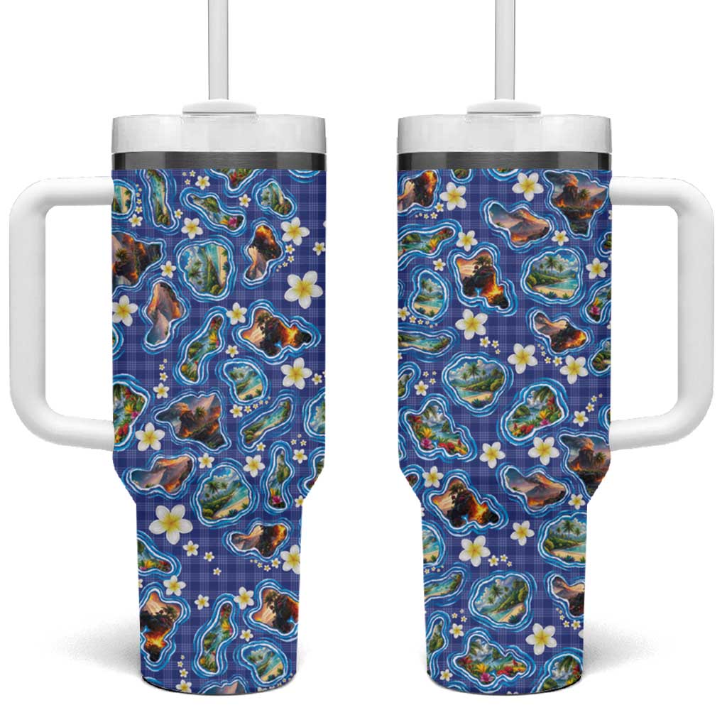 Hawaiian Island Shapes-Iconic Landscape Tumbler With Handle with Plumeria and Palaka Blue Color