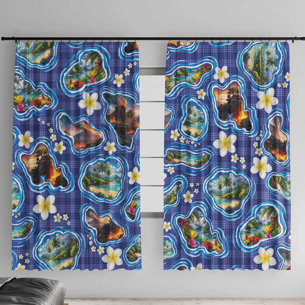Hawaiian Island Shapes-Iconic Landscape Window Curtain with Plumeria and Palaka Blue Color LT03 With Hooks Blue - Polynesian Pride