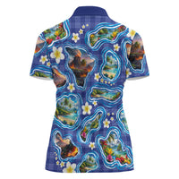 Hawaiian Island Shapes-Iconic Landscape Women Polo Shirt with Plumeria and Palaka Blue Color LT03 - Polynesian Pride