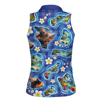 Hawaiian Island Shapes-Iconic Landscape Women Sleeveless Polo Shirt with Plumeria and Palaka Blue Color LT03 - Polynesian Pride