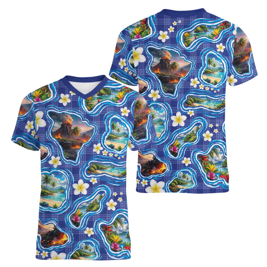 Hawaiian Island Shapes-Iconic Landscape Women V-Neck T-Shirt with Plumeria and Palaka Blue Color LT03 - Polynesian Pride